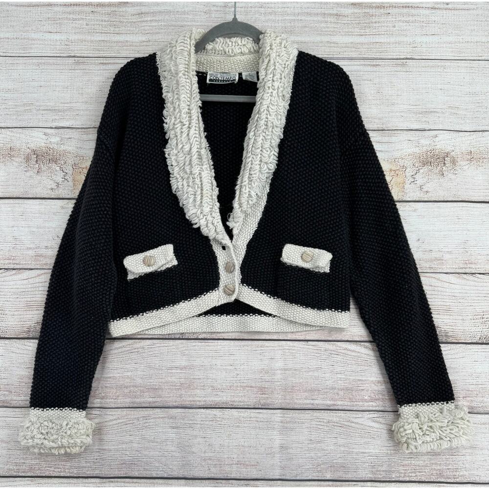 Vintage Contempo‎ Casuals Hand Knit Cardigan Sweater Womens M Black White